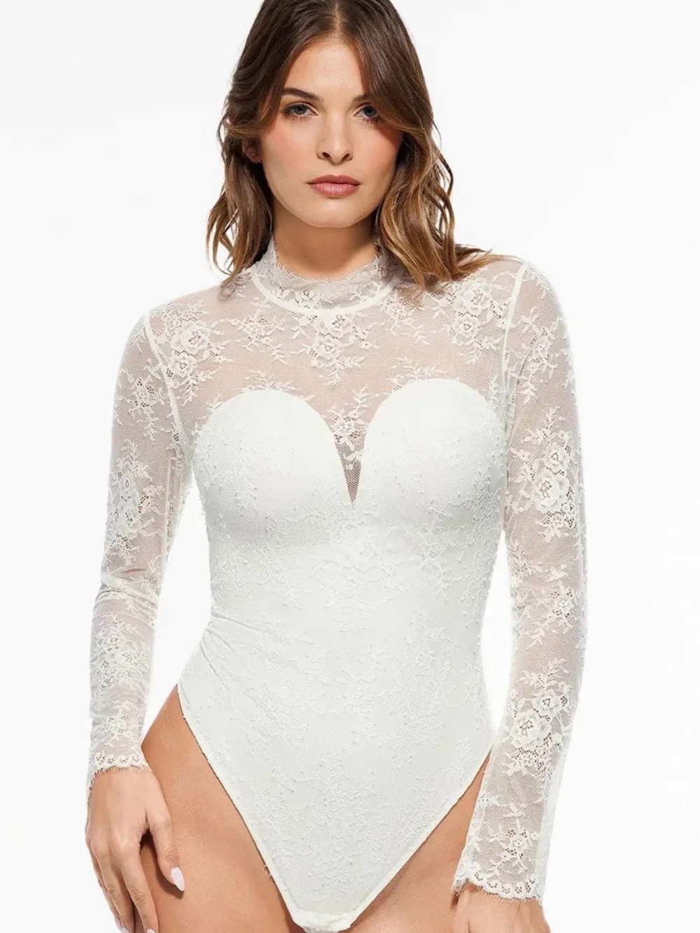 Popilush Women's White Lace Turtleneck Shapewear Sheer Back Bodysuit M
